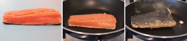 Lavate i filetti di salmone e controllate che non ci siano spine. Su una padella antiaderente ben calda cucinate il salmone, prima dalla parte della pelle e poi passandola velocemente sul lato superiore.
 